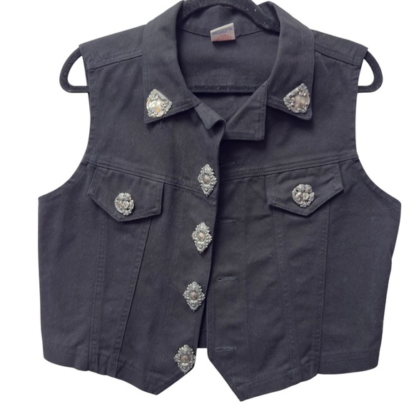 Vintage Watch LA Black Denim Festival Western Biker Y2K Vest with Silver Accents - Picture 4 of 14